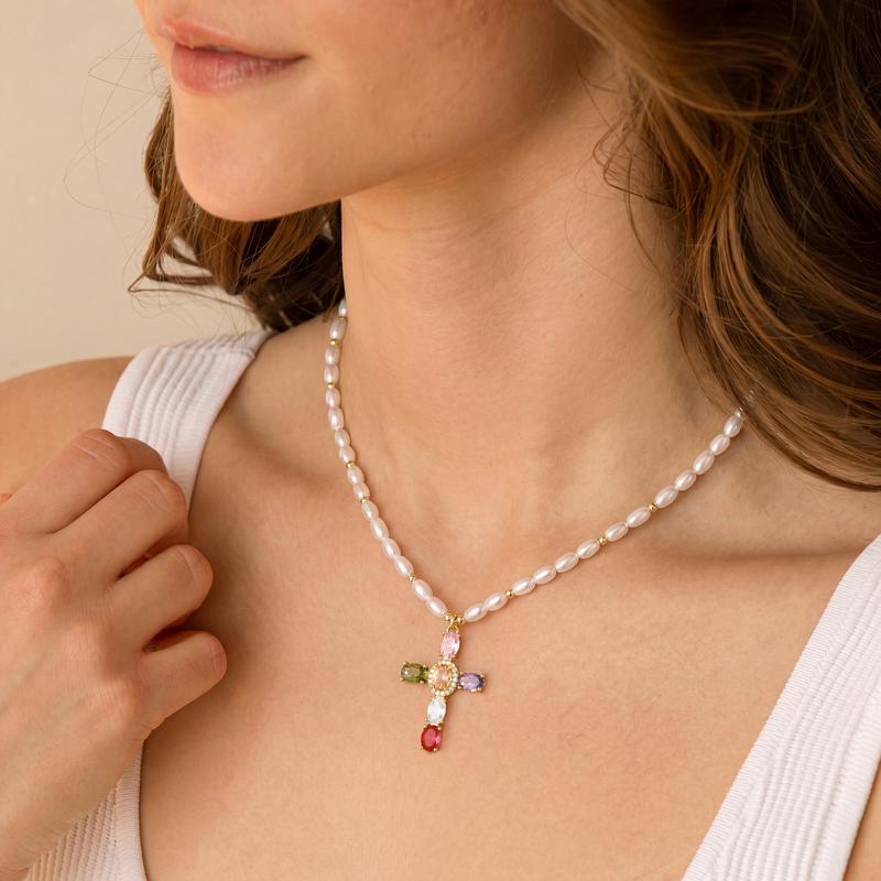 14k Colorful Gem Set Cross Pearl Necklace