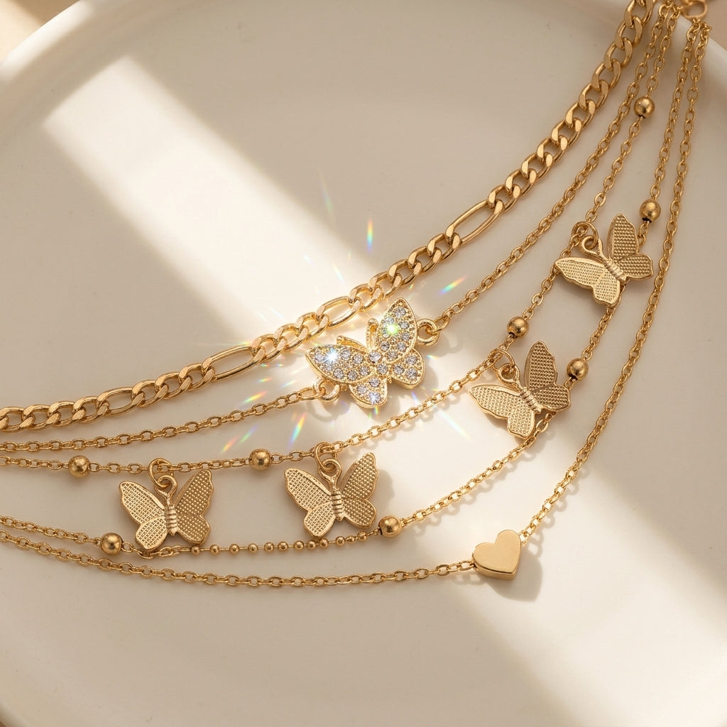 4pc Butterfly & Heart Anklet Stack