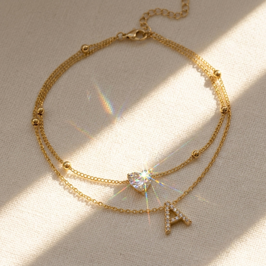 Layered Satellite & Heart Initial Anklet