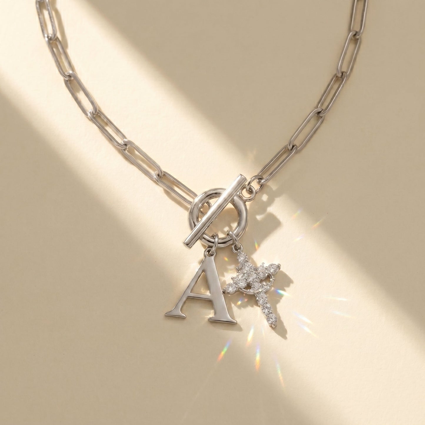 Paperclip Initial & Cross Toggle Clasp Necklace