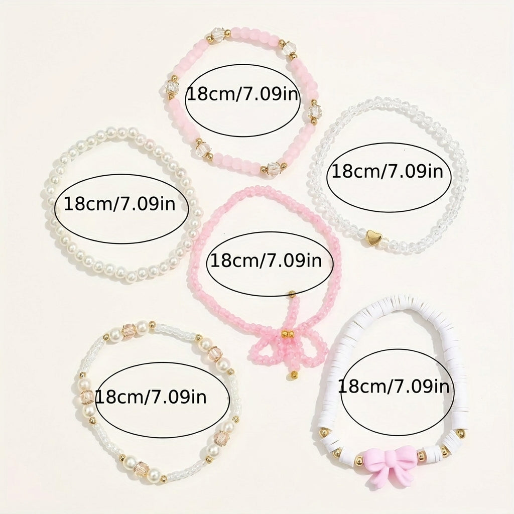 6pc Feminine Pink Bow Bracelet Stack