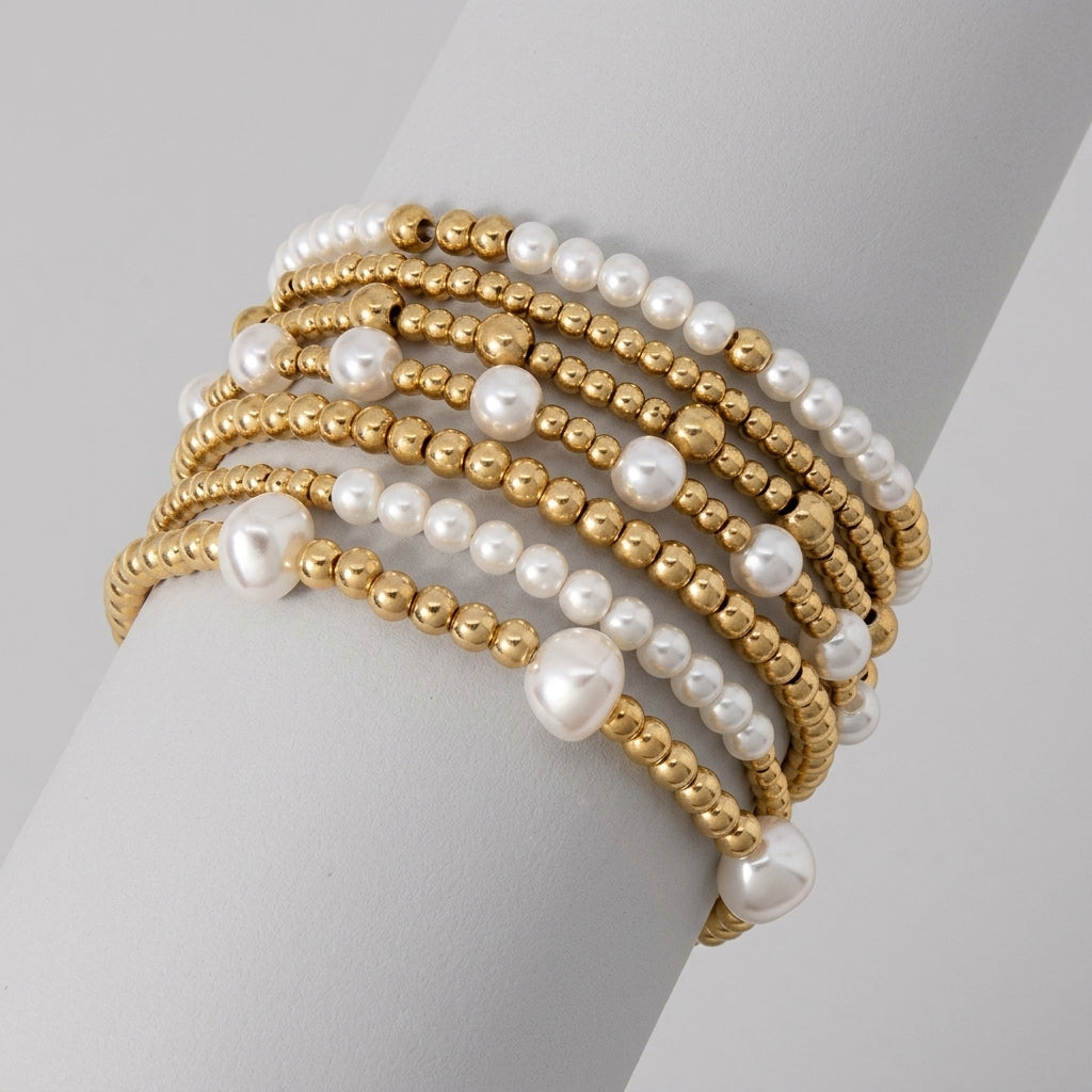 7pc Pearl & Gold Adjustable Bracelet Stack