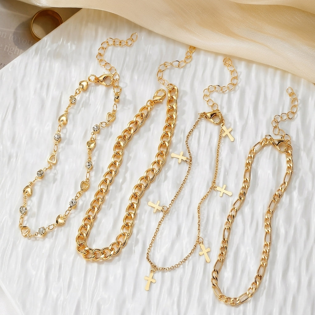 4pc Heart & Cross Anklet Stack