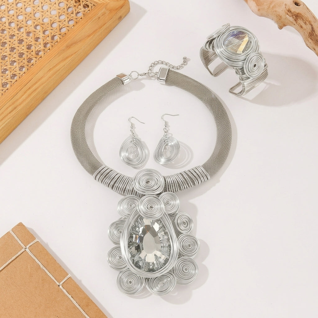 3pc Creative Aluminum Wire Crystal Necklace, Earrings, Bracelet Set