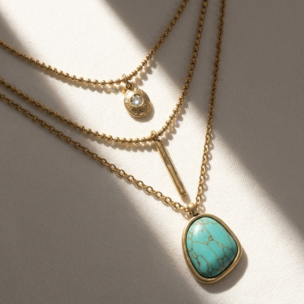 3pc Boho Turquoise Stone Center Piece Necklace Stack