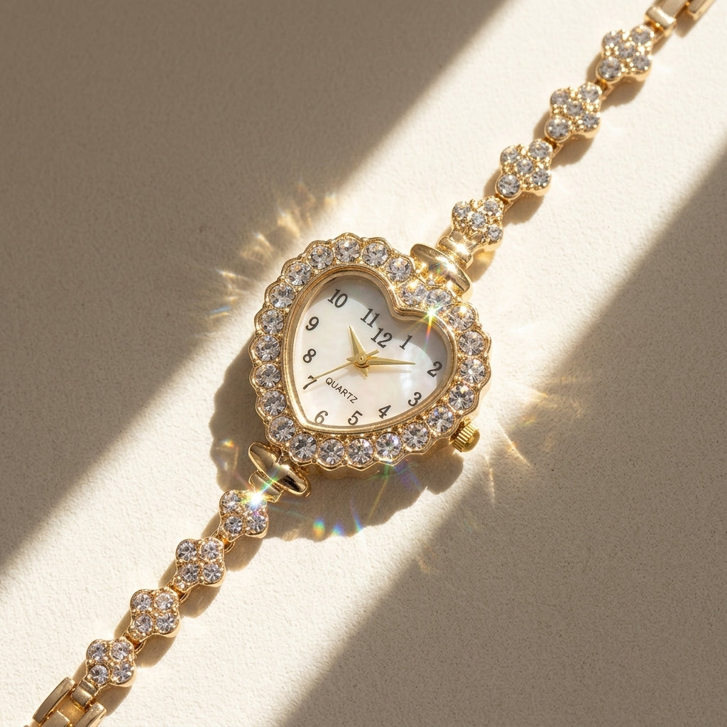 Adjustable CZ Accented Heart Watch
