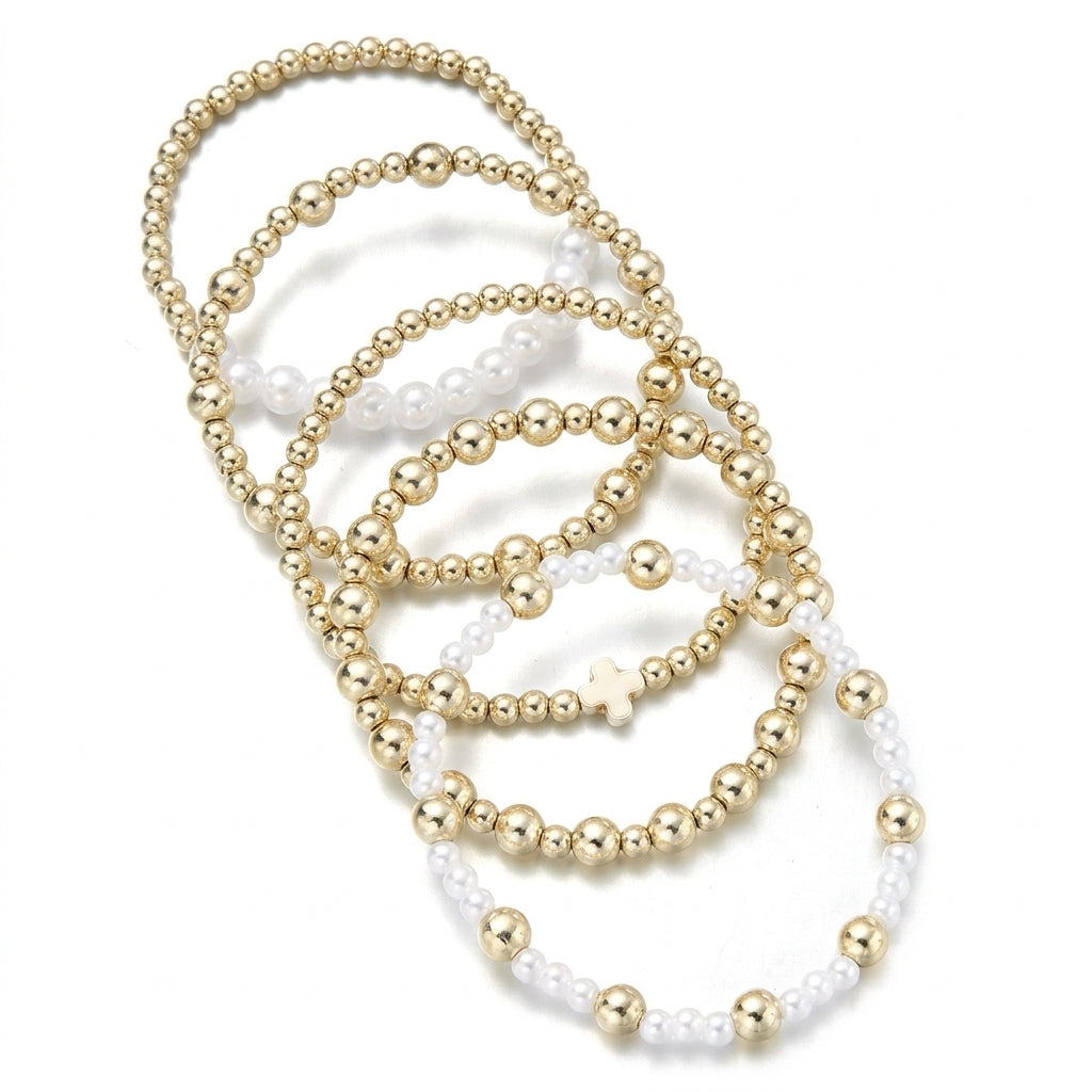 5pc Gold & Pearl Cross Beaded Bracelet Stack