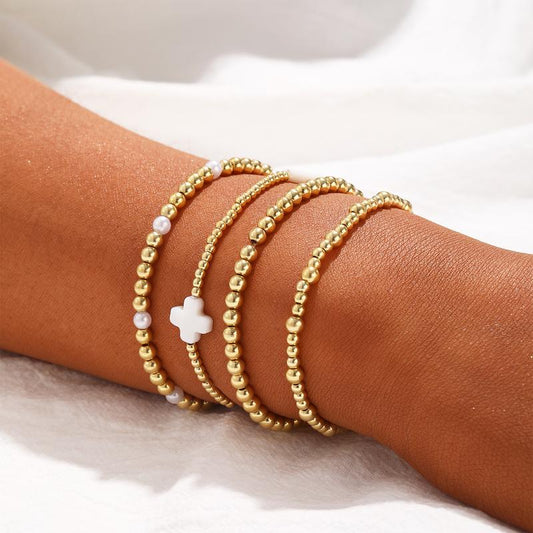 14k 4pc Beaded Cross Bracelet Stack