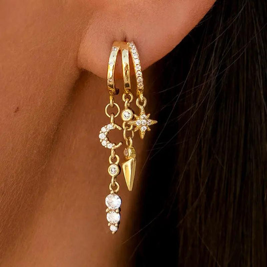 14k Trio Crescent Star and Moon Earrings