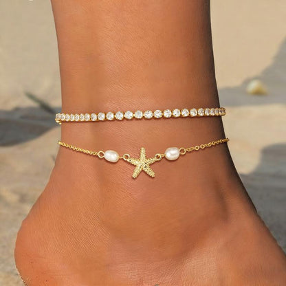 2pc Starfish & Tennis Anklet Set