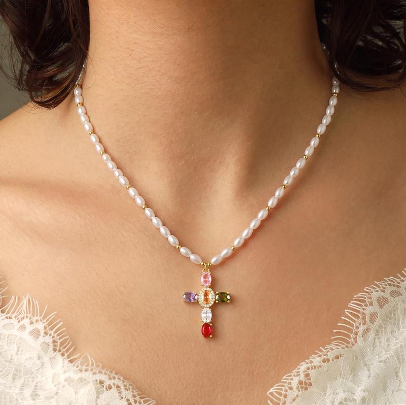 14k Colorful Gem Set Cross Pearl Necklace