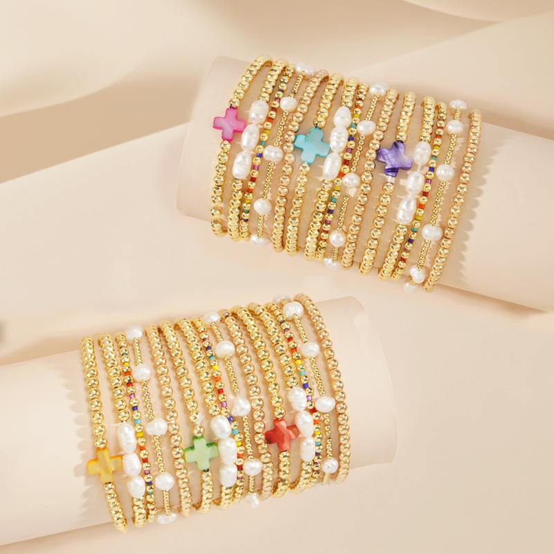 5pc Colorful Boho Pearl & Cross Beaded Bracelet Stack