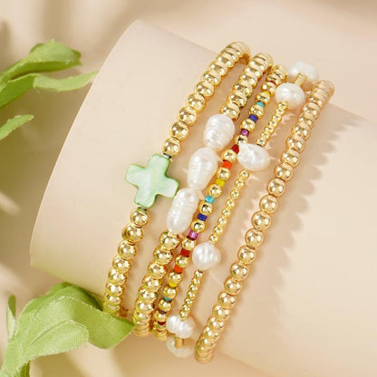 5pc Colorful Boho Pearl & Cross Beaded Bracelet Stack