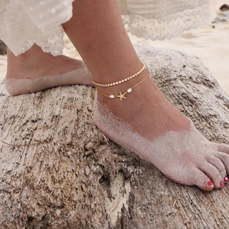 2pc Starfish & Tennis Anklet Set