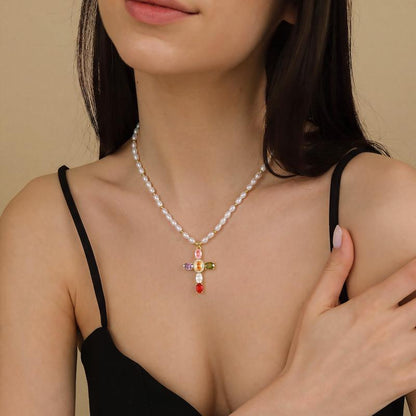 14k Colorful Gem Set Cross Pearl Necklace