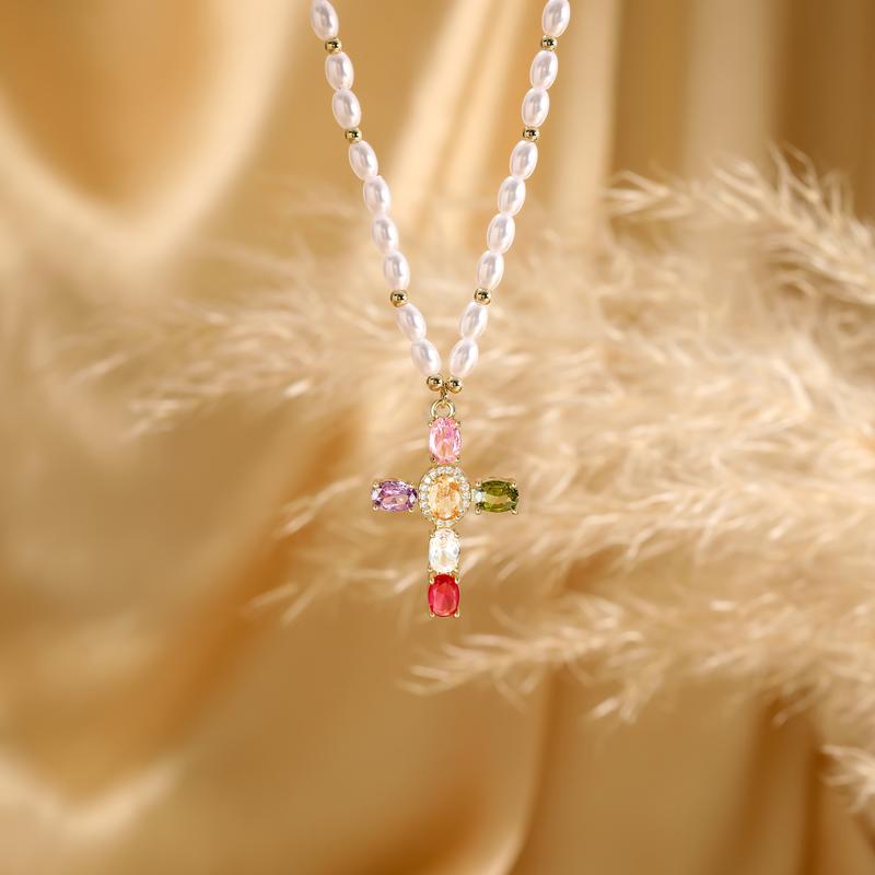 14k Colorful Gem Set Cross Pearl Necklace