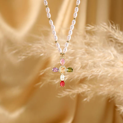 14k Colorful Gem Set Cross Pearl Necklace