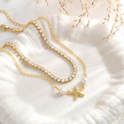 2pc Starfish & Tennis Anklet Set
