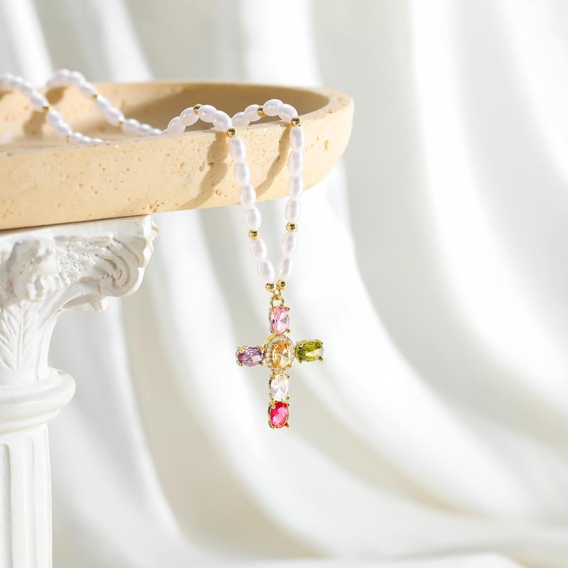 14k Colorful Gem Set Cross Pearl Necklace