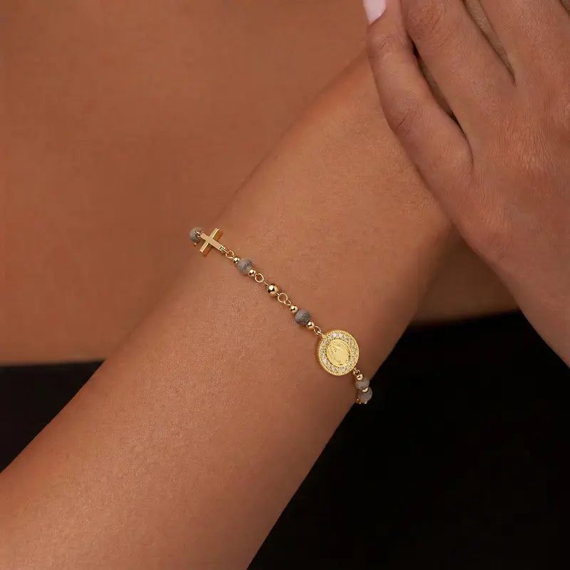 14k Beaded Cross & Virgin Mary Energy Bracelets