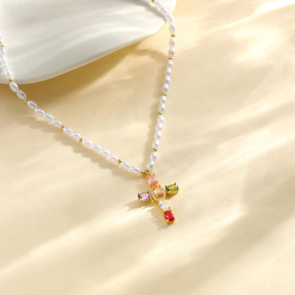 14k Colorful Gem Set Cross Pearl Necklace