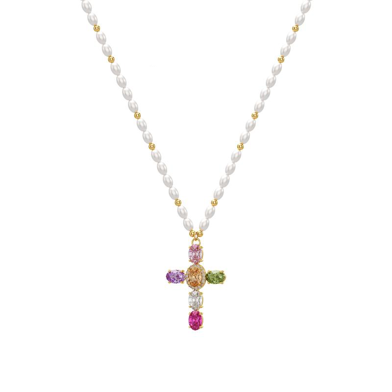 14k Colorful Gem Set Cross Pearl Necklace