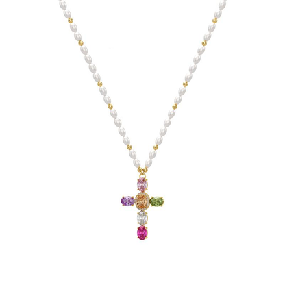14k Colorful Gem Set Cross Pearl Necklace