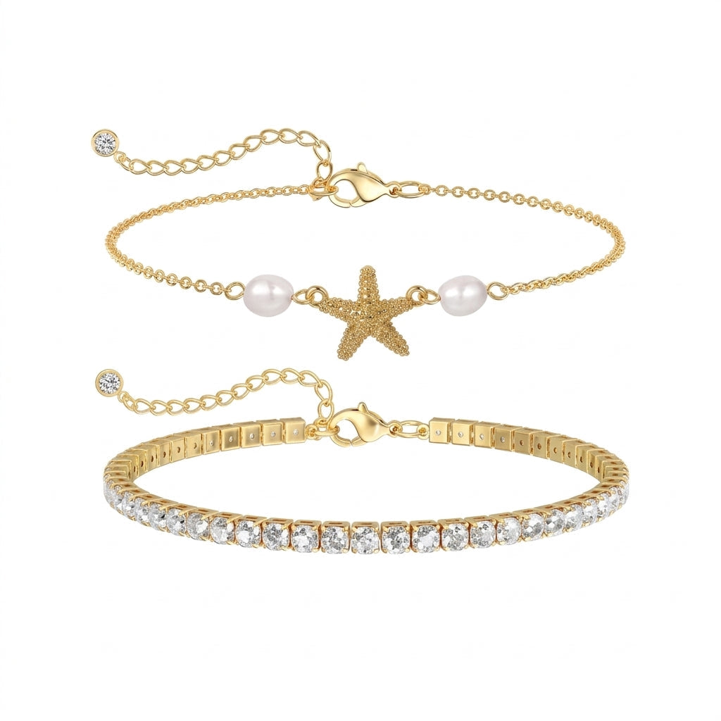 2pc Starfish & Tennis Anklet Set