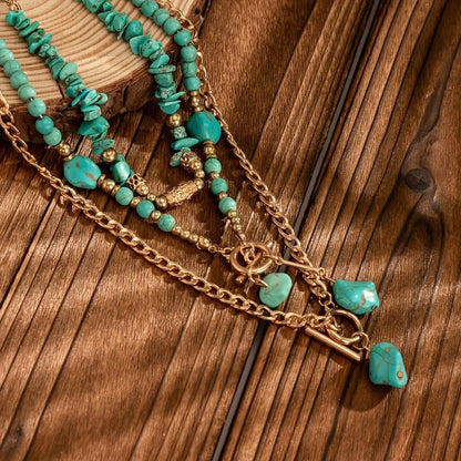 3pc Boho Toggle Clasp Turquoise Accented Necklace Stack