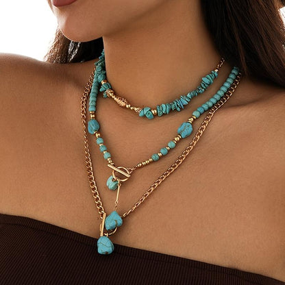 3pc Boho Toggle Clasp Turquoise Accented Necklace Stack