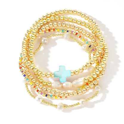 5pc Colorful Boho Pearl & Cross Beaded Bracelet Stack