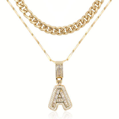 2pc 14k Layered Cuban & Initial Necklaces