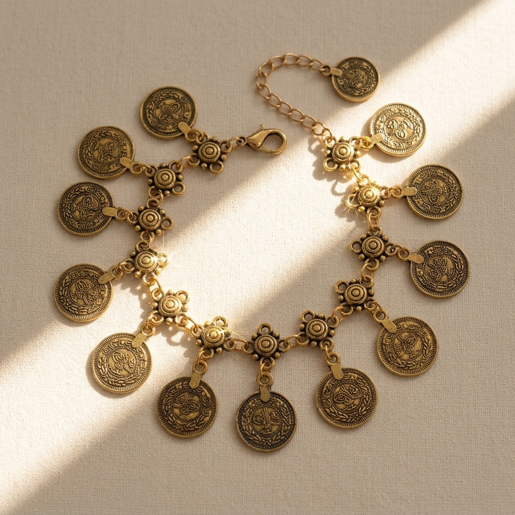 Vintage Oxidized Round Charm Dangle Anklet