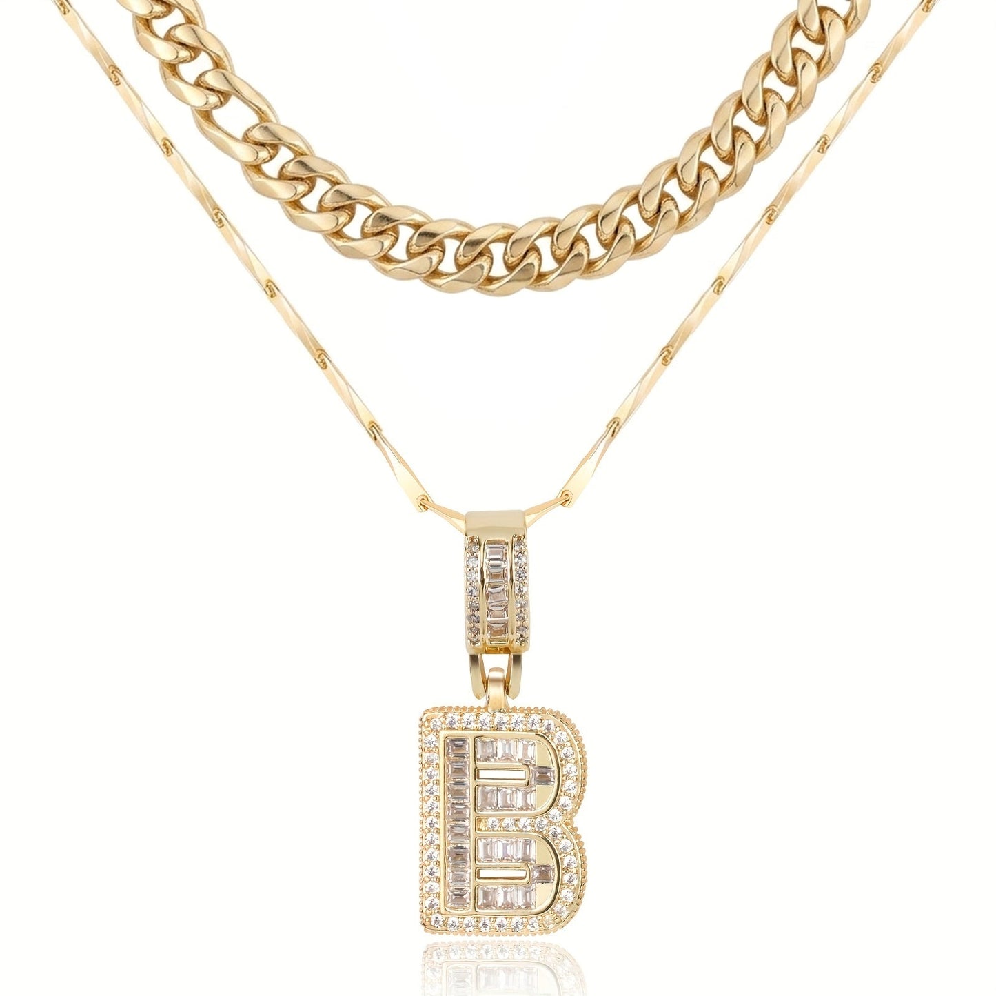2pc 14k Layered Cuban & Initial Necklaces