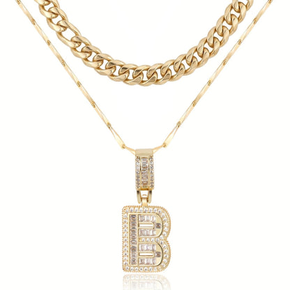 2pc 14k Layered Cuban & Initial Necklaces