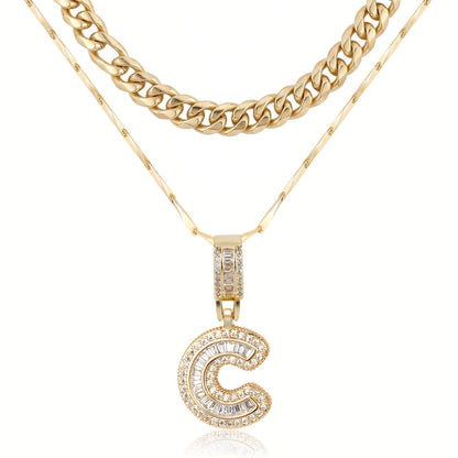 2pc 14k Layered Cuban & Initial Necklaces