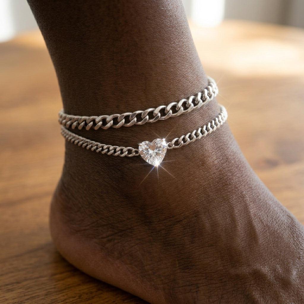 2pc Cuban Heart Accented Anklet Set