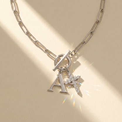 Paperclip Initial & Cross Toggle Clasp Necklace