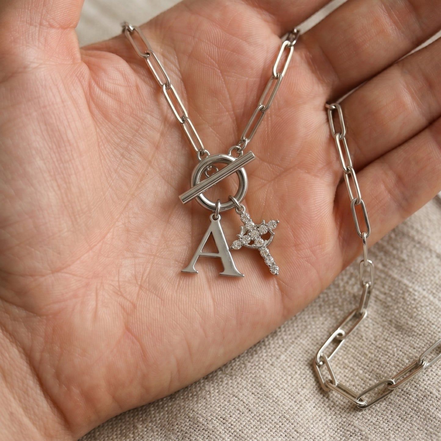 Paperclip Initial & Cross Toggle Clasp Necklace
