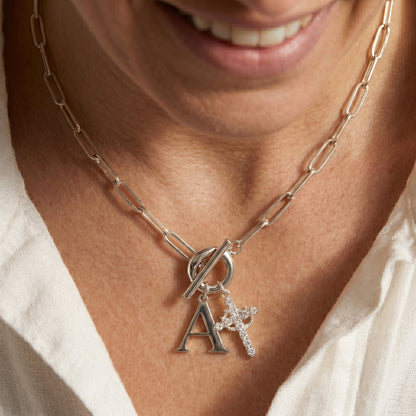 Paperclip Initial & Cross Toggle Clasp Necklace