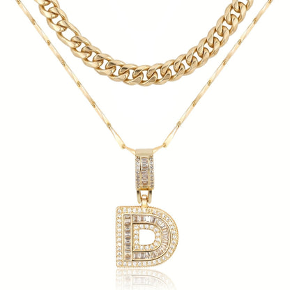 2pc 14k Layered Cuban & Initial Necklaces
