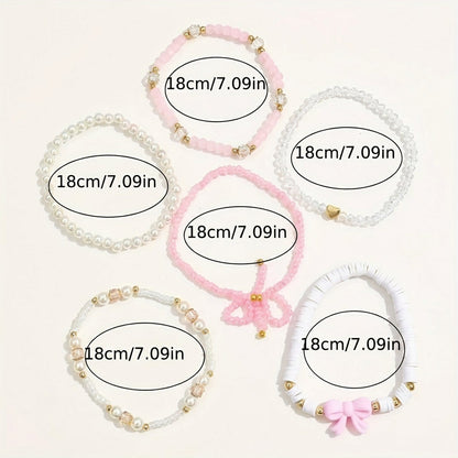 6pc Feminine Pink Bow Bracelet Stack