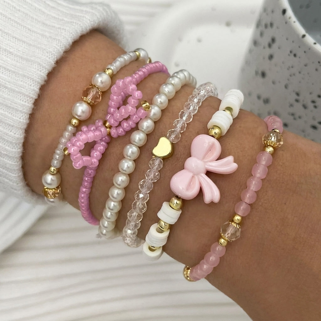 6pc Feminine Pink Bow Bracelet Stack