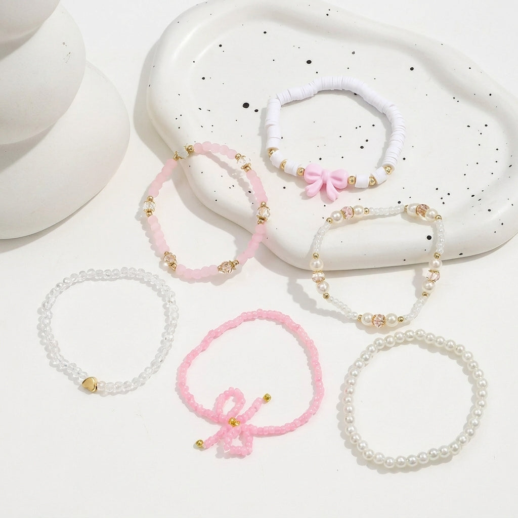6pc Feminine Pink Bow Bracelet Stack