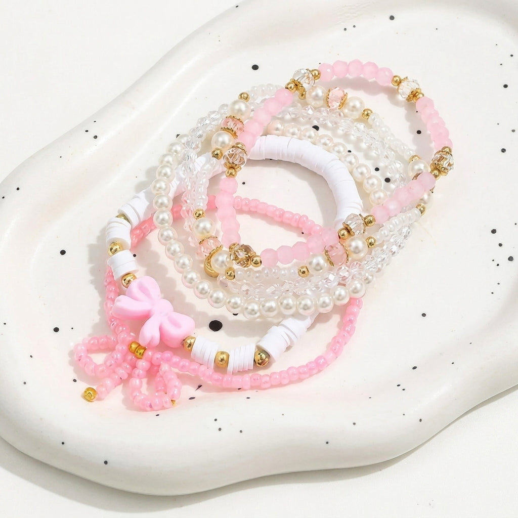 6pc Feminine Pink Bow Bracelet Stack