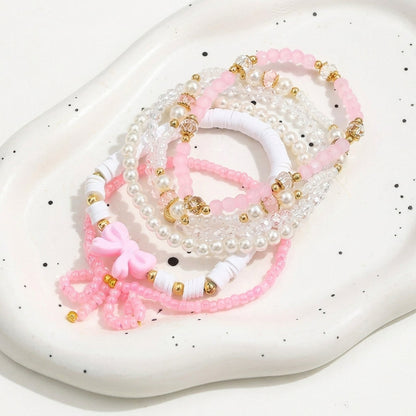 6pc Feminine Pink Bow Bracelet Stack