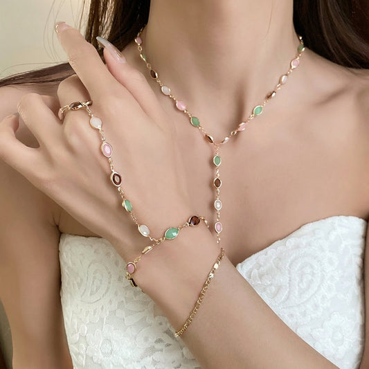 Layered Chain & Oval Beaded Hand Chain & Necklace Set