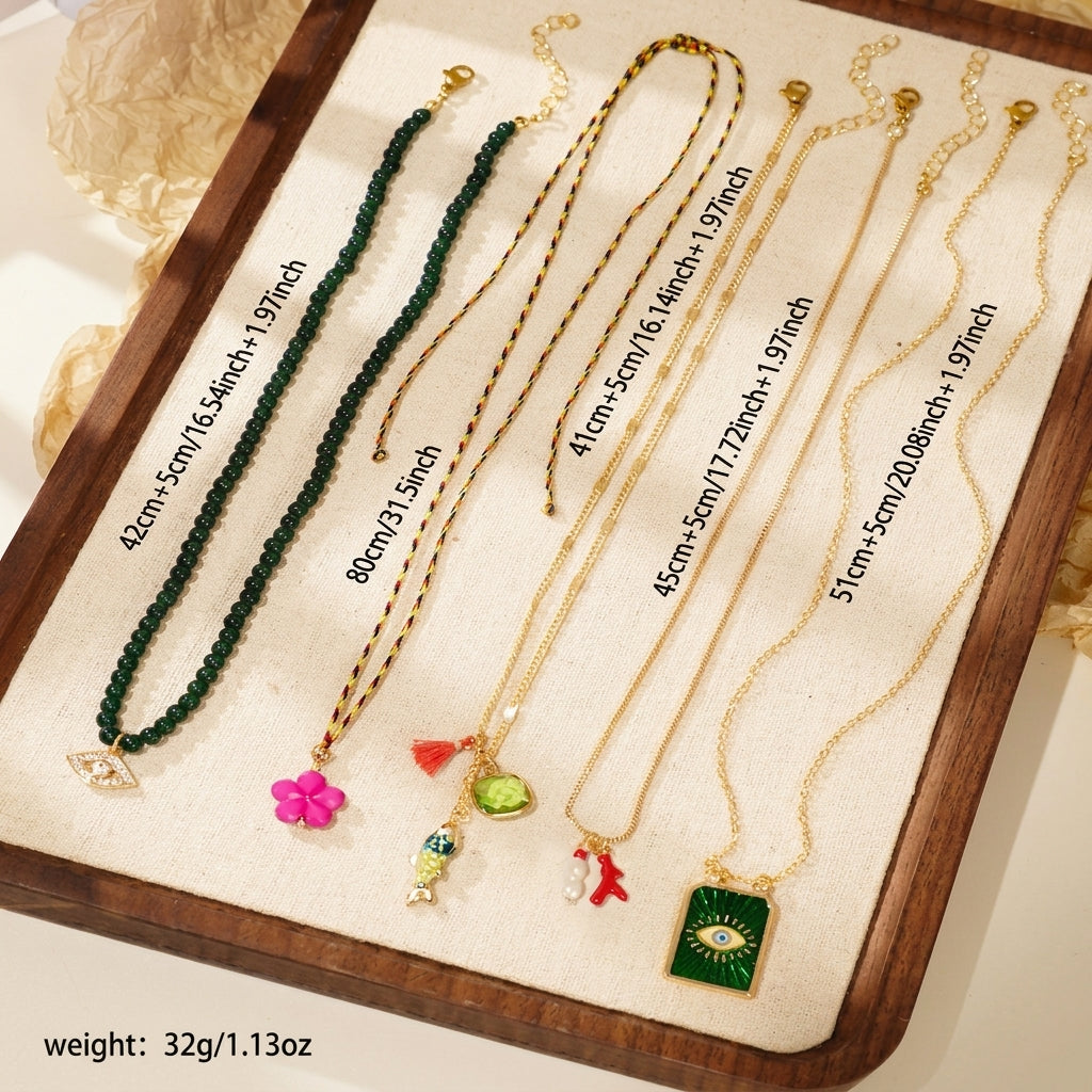 5pc Boho Evil Eye Fish Necklace Stack