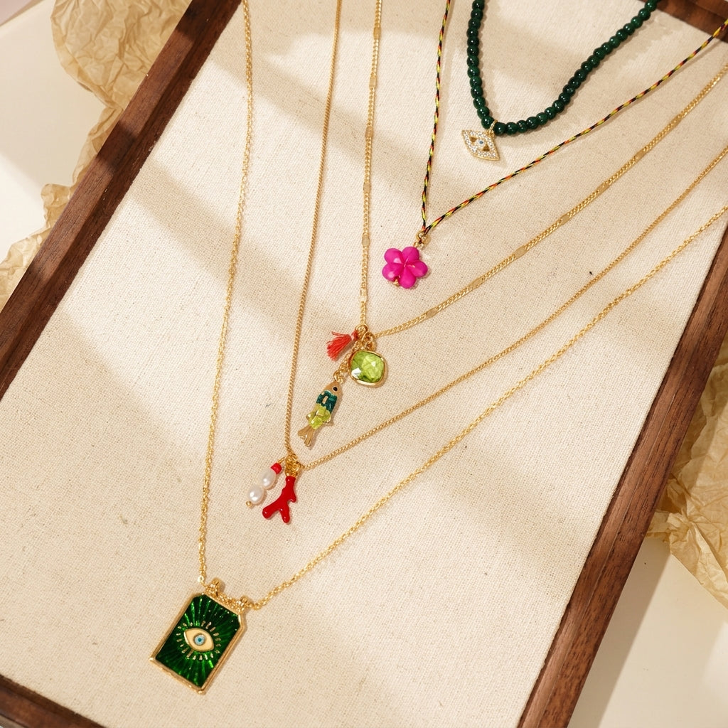 5pc Boho Evil Eye Fish Necklace Stack