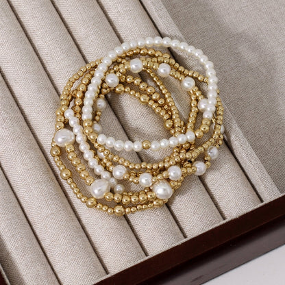 7pc Pearl & Gold Adjustable Bracelet Stack